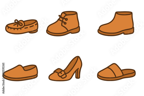 Children's Suede Footwear Grid. Flat vector mini-illustrations suede footwear in colors children's illustrations: moccasins,