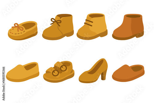 Children's Suede Footwear Grid. Flat vector mini-illustrations suede footwear in colors children's illustrations: moccasins,