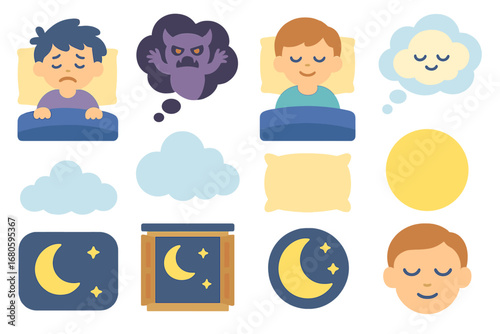 Dreamy Children's Icons. Flat vector mini-illustrations nightmare and dreams in colors children's illustrations: sleeping child,