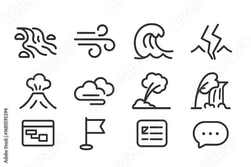 Dynamic and Coordination Icons. Outline icon set of natural movement: river flow, wind gust, wave, earthquake, volcanic eruption,