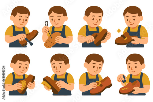 Cobbler's Craft Icons. Flat vector mini-illustrations cobbler work in colors children's illustrations: repairing shoe sole,