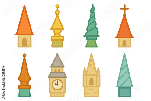 Colorful Architectural Spires. Flat vector mini-illustrations architectural spires in colors children's illustrations: pointed