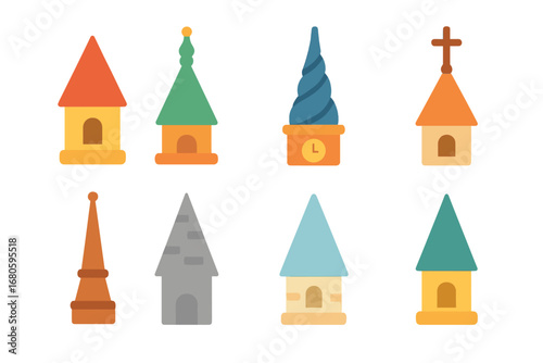 Colorful Architectural Spires. Flat vector mini-illustrations architectural spires in colors children's illustrations: pointed