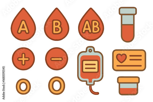 Colorful Blood Type Icons. Flat vector mini-illustrations blood types in colors children's illustrations: blood group symbols A, B