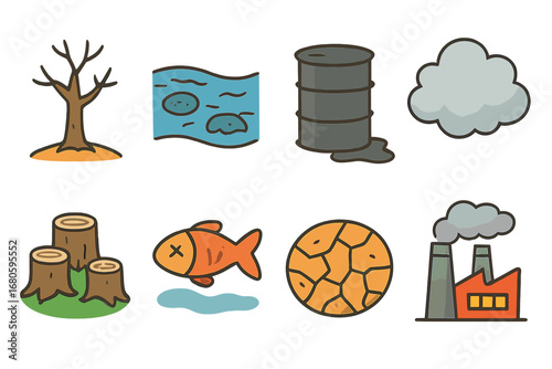 Eco Kids Icons. Flat vector mini-illustrations environmental impact in colors children's illustrations: dying tree, polluted river