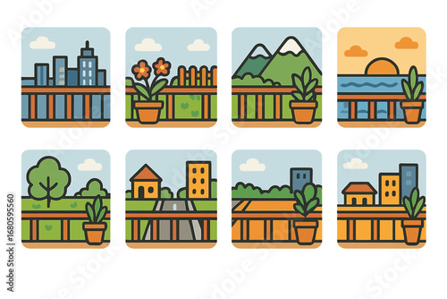 Colorful Balcony Views. Flat vector mini-illustrations balcony views in colors children's illustrations: city skyline, garden view