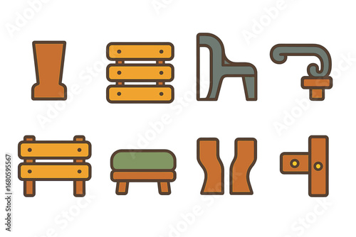 Colorful Bench Icons. Flat vector mini-illustrations bench details in colors children's illustrations: bench legs, wooden slats,