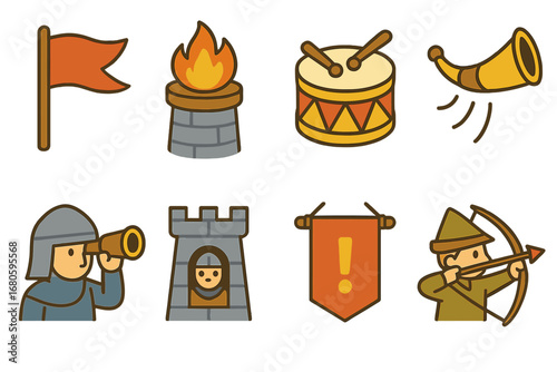 Colorful Castle Signals. Flat vector mini-illustrations castle defense signals in colors children's illustrations: flag signals,