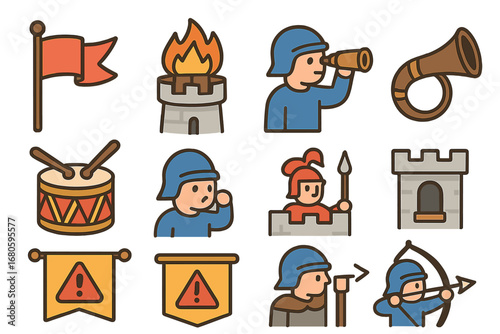 Colorful Castle Signals. Flat vector mini-illustrations castle defense signals in colors children's illustrations: flag signals,