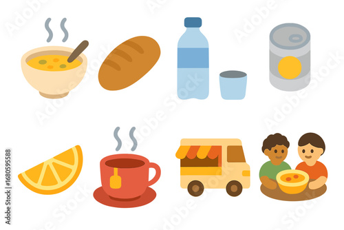 Colorful Children's Icons. Flat vector mini-illustrations homelessness food and drink in colors children's illustrations: soup