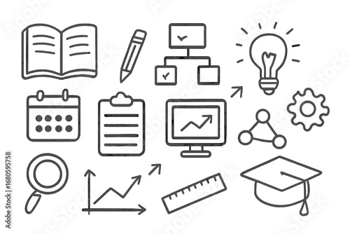Educational Icons Doodle. Hand-drawn doodle illustration educational scheme book, pencil, checklist, flowchart, light bulb,