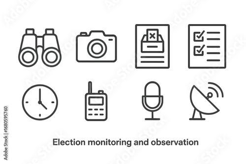 Election and Donation Icons. Outline icon set of election monitoring and observation: binoculars, camera, report, checklist, clock