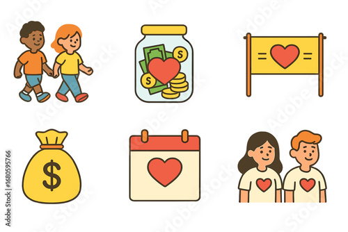 Colorful Fundraising Icons. Flat vector mini-illustrations fundraising in colors children's illustrations: charity walk, donation