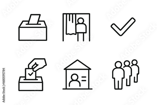 Election Icons Set. Outline icon set of election process: ballot box, voting booth, ballot paper, checkmark, ballot drop, voter ID