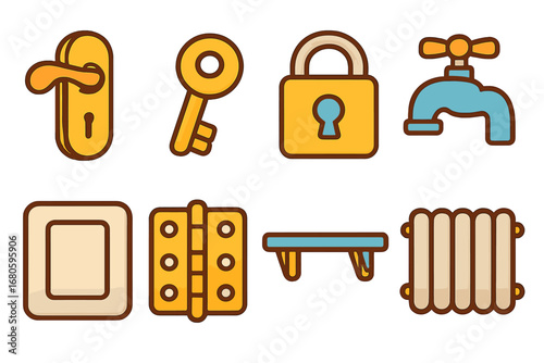 Colorful Metal Fixtures Icons. Flat vector mini-illustrations metal household fixtures in colors children's illustrations: door