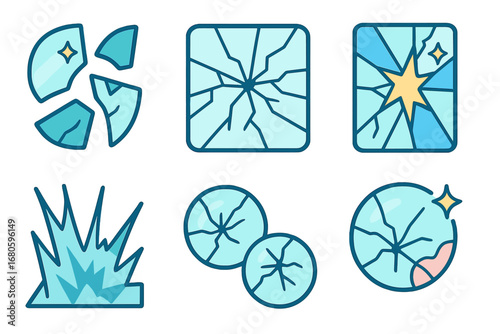 Colorful Shattered Glass Icons. Flat vector mini-illustrations shattered glass reflections in colors children's illustrations: