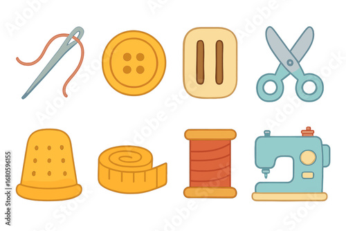 Colorful Sewing Icons. Flat vector mini-illustrations button sewing in colors children's illustrations: needle and thread, sewing