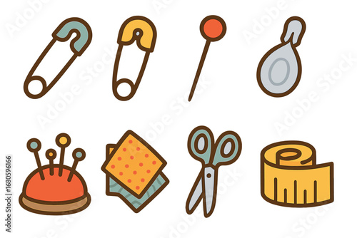 Colorful Sewing Tools. Flat vector mini-illustrations safety needles in colors children's illustrations: safety pin, diaper pin,