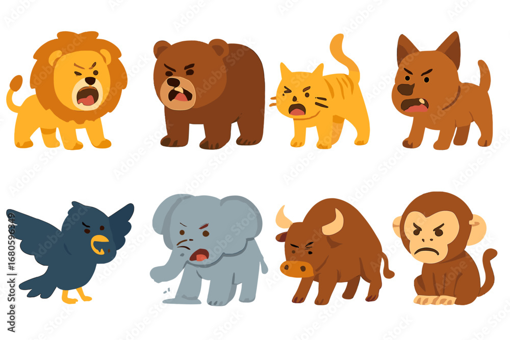 Fototapeta premium Angry Animal Icons. Flat vector mini-illustrations angry animals in colors children's illustrations: roaring lion, growling bear,