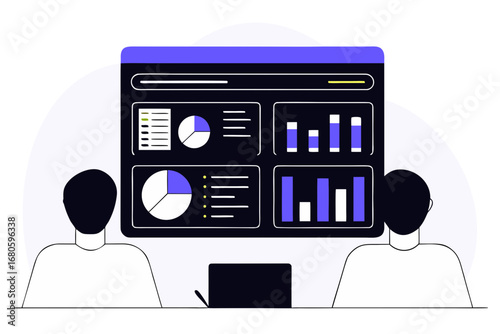 Team analyzing digital dashboard data with charts and graphs vector illustration