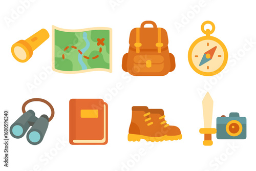 Adventure Icons Grid. Flat vector mini-illustrations mystery exploration in colors children's illustrations: flashlight, map,