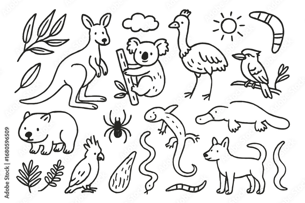 Obraz premium Australian and Kiwi Icons. Hand-drawn doodle illustration Australian wildlife kangaroo, koala, emu, kookaburra, platypus,