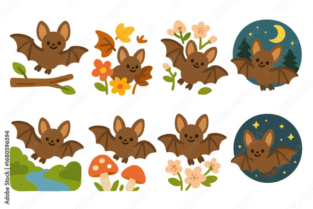 Obraz premium Bat Nature Illustrations. Flat vector mini-illustrations bats and nature in colors children's illustrations: bat on tree branch,