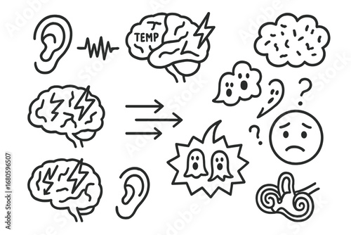 Auditory Hallucinations Doodle. Hand-drawn doodle illustration temporal lobe and auditory hallucinations ear icon, sound wave,