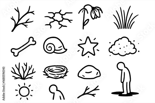Barren Nature Symbols. Hand-drawn doodle illustration lifelessness barrenness dead branch, cracked earth, wilted flower, dry grass