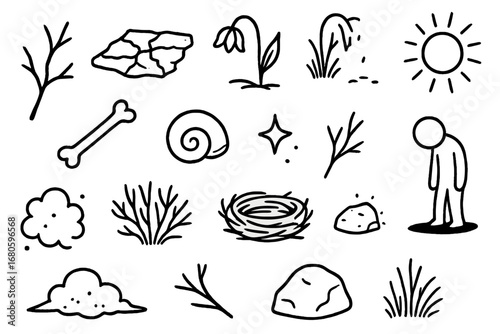 Barren Nature Symbols. Hand-drawn doodle illustration lifelessness barrenness dead branch, cracked earth, wilted flower, dry grass