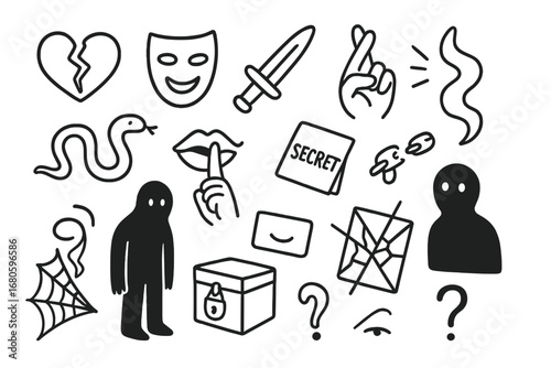 Betrayal Icons. Hand-drawn doodle illustration betrayal broken heart, masked face, dagger, crossed fingers, snake, whispering lips