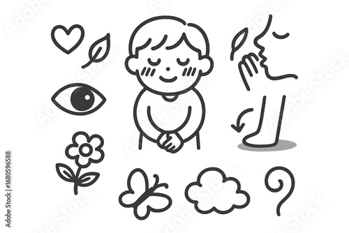 Bashful Doodle Icons. Hand-drawn doodle illustration bashfulness blushing cheeks, shy face, avoiding gaze, folded hands, closed