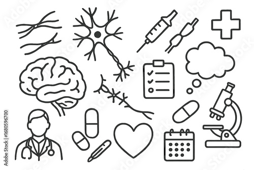 Brain Function Doodles. Hand-drawn doodle illustration gray matter brain function gray matter, brain, neurons, synapse, thought