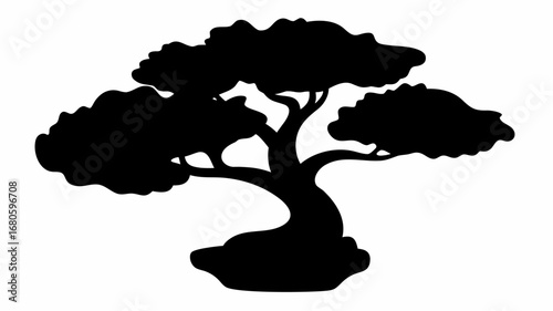 Silhouette of a bonsai tree with dense foliage and a curved trunk displayed in a simple black and white style
