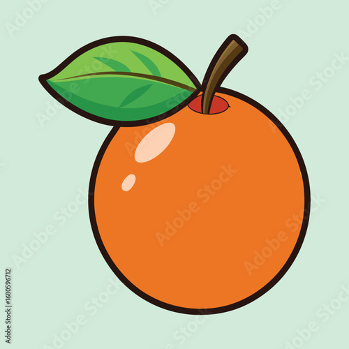 Cartoon Orange Fruit with Leaf and Stem on Pale Green Background