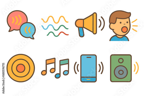 Colorful Sound Icons. Flat vector mini-illustrations repeating sound in colors children's illustrations: echo bubbles, sound waves