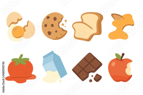 Broken Food Icons. Flat vector mini-illustrations broken food in colors children's illustrations: cracked egg, broken cookie,