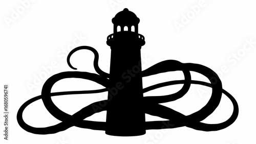 Silhouette of a lighthouse with an observation deck surrounded by swirling tentacles in black and white art