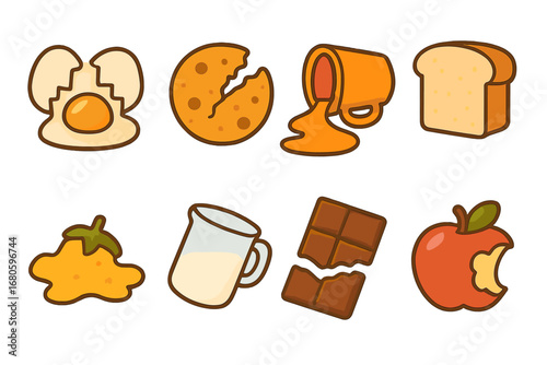 Broken Food Icons. Flat vector mini-illustrations broken food in colors children's illustrations: cracked egg, broken cookie,