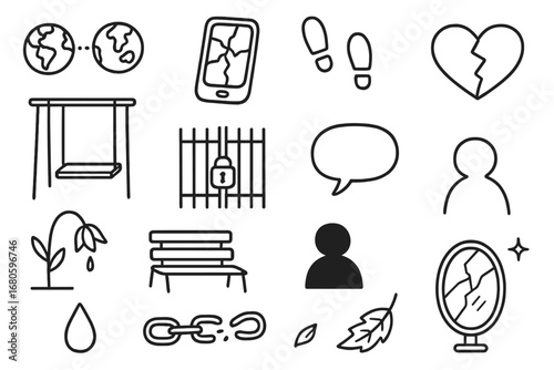 Broken Connections Icons. Hand-drawn doodle illustration distant connections cracked phone screen, fading footprints, broken heart