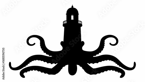 Silhouette of a lighthouse merging into an octopus with tentacles extending outwards on a white background