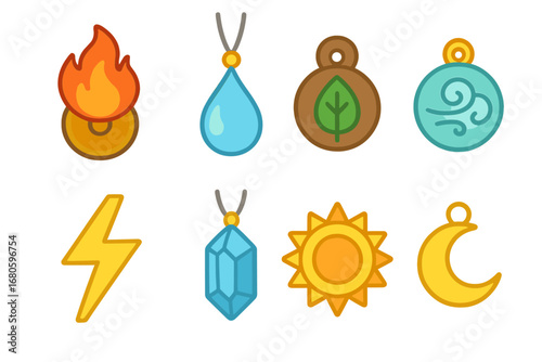 Elemental Talisman Collection. Flat vector mini-illustrations talismans and elements in colors children's illustrations: fire