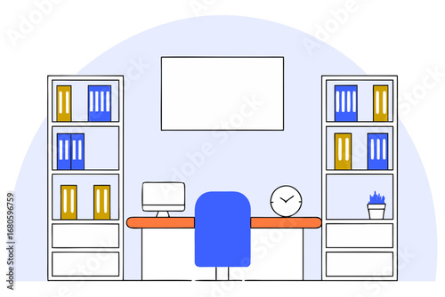 Modern office interior with bookshelves computer desk and chair stylized vector illustration