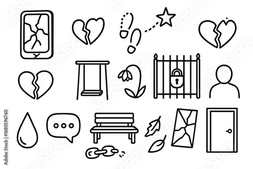 Broken Connections Icons. Hand-drawn doodle illustration distant connections cracked phone screen, fading footprints, broken heart