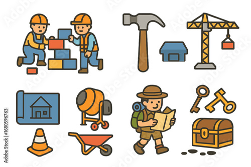 Building and Exploration Icons. Flat vector mini-illustrations collapse and rebuilding in colors children's illustrations: