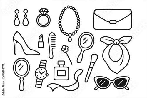 Elegant Accessories Doodle. Hand-drawn doodle illustration elegant accessories pearl earring, diamond ring, necklace, bracelet,