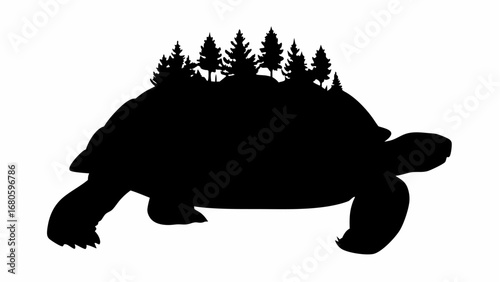 Silhouette of a turtle with trees growing on its back standing on a white background in a graphic design