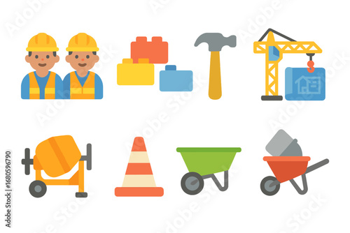 Building and Exploration Icons. Flat vector mini-illustrations collapse and rebuilding in colors children's illustrations: