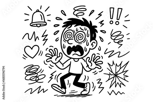 Cartoon Sudden Shock. Hand-drawn doodle illustration sudden shock wide eyes, sweating face, alarm bell, exclamation marks,