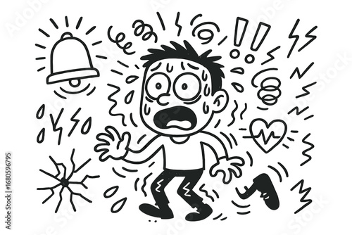 Cartoon Sudden Shock. Hand-drawn doodle illustration sudden shock wide eyes, sweating face, alarm bell, exclamation marks,